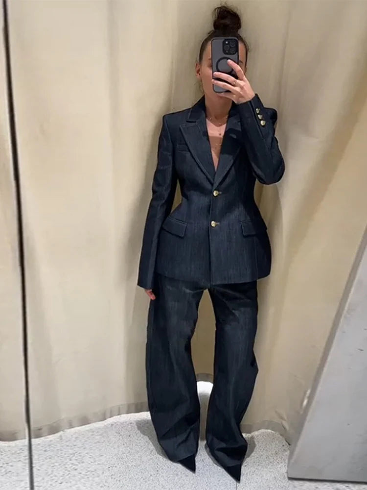 Aaliyah – Ensemble 2 pièces denim élégant veste et pantalon droit